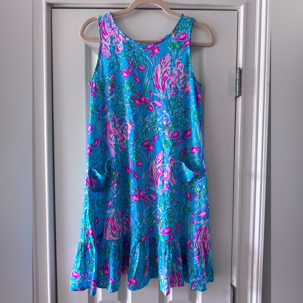 Lilly Pulitzer Kristen Flounce Swing Dress SZ S Amalfi Blue Best Fishes - Picture 7 of 15